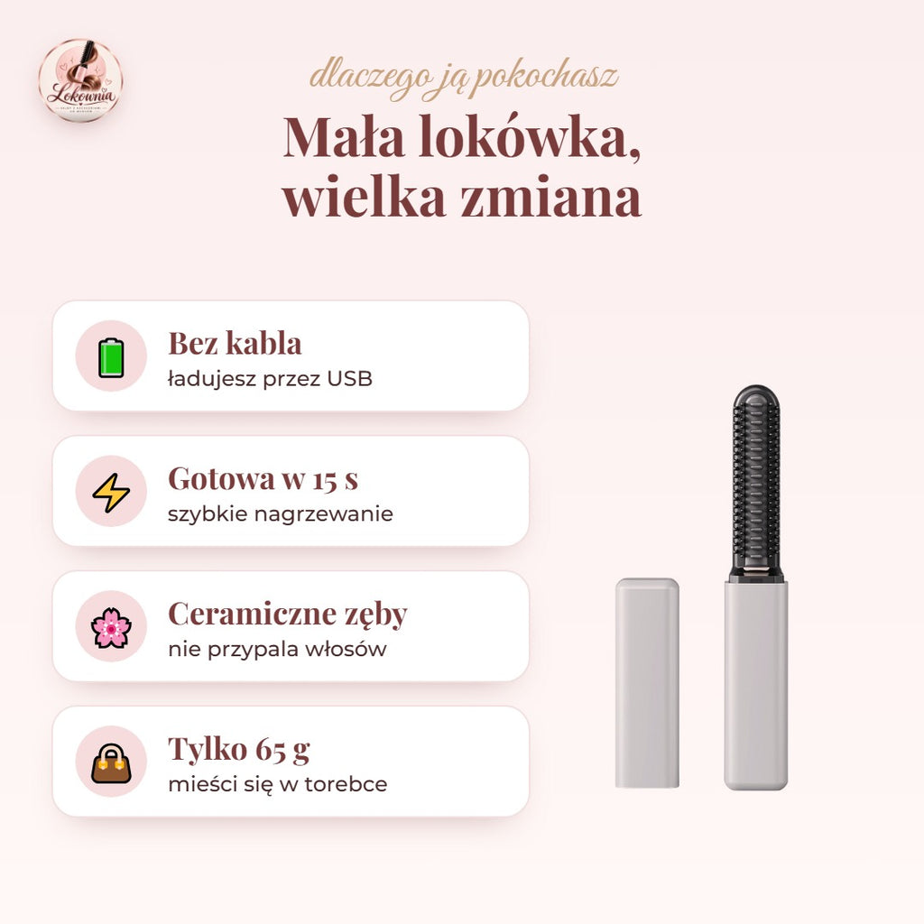 Zalety lokówki: bez kabla, 15 s, ceramiczne zęby, 65 g