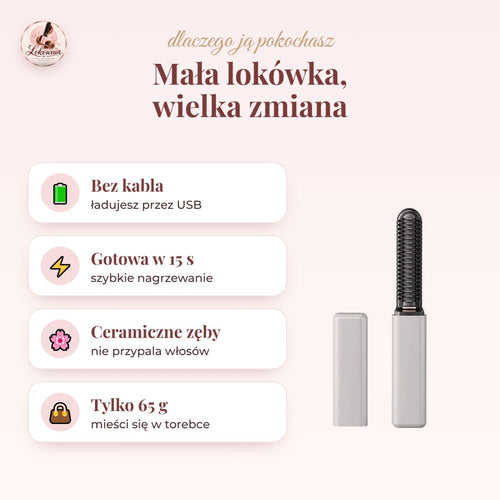 Zalety lokówki: bez kabla, 15 s, ceramiczne zęby, 65 g